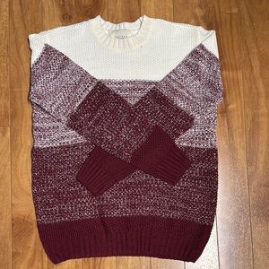 Cream and Red Crewneck Sweater with Bold Color-Block Design
